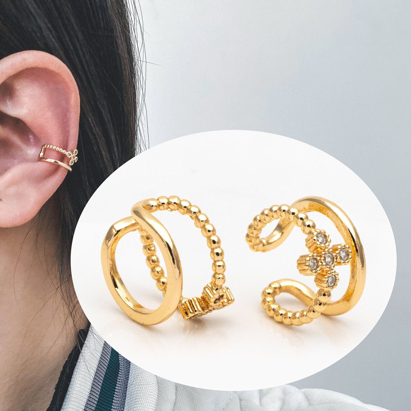 4pcs CZ Pave Cross Ear Cuff, Double Band Ear Cuff, Dainty Earcuff Earring (GB-3539)